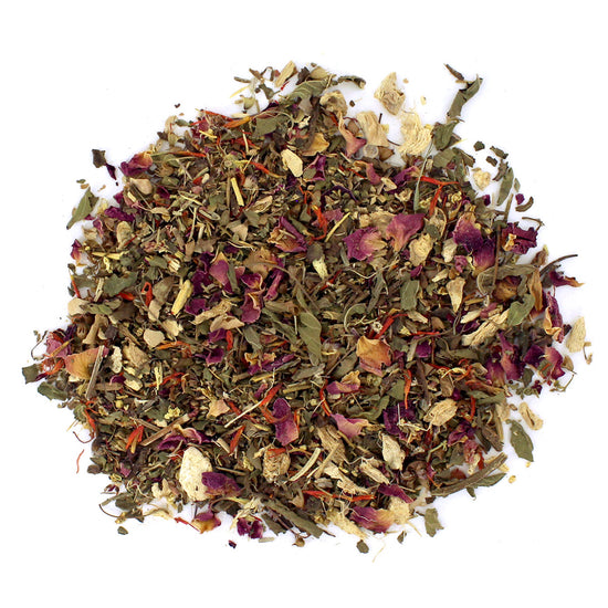 A mixture of dried herbs and flower petals, likely to be used as loose leaf tea.