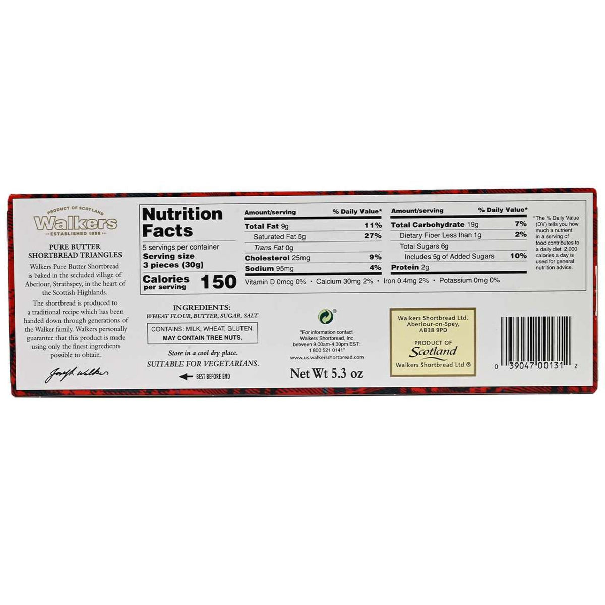 Nutrition facts label for Walkers shortbread on a white background