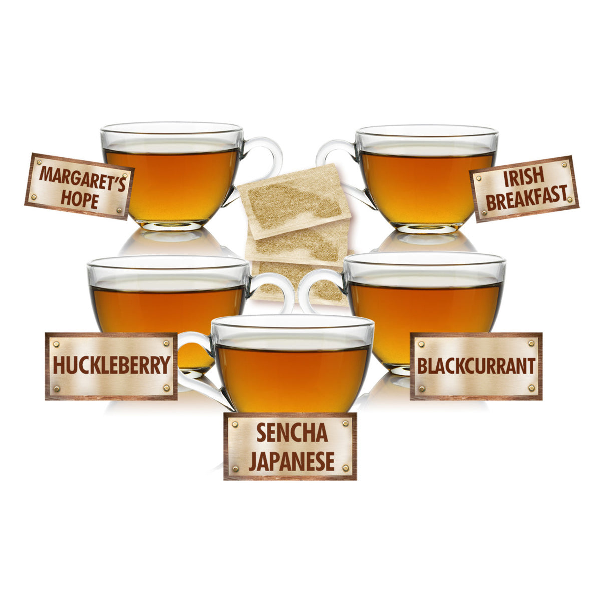 Five cups of tea with tea bags and flavor labels on a white background