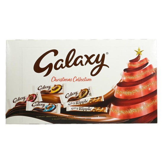 Box of Mars Galaxy Christmas Collection featuring images of the individually wrapped candy pieces
