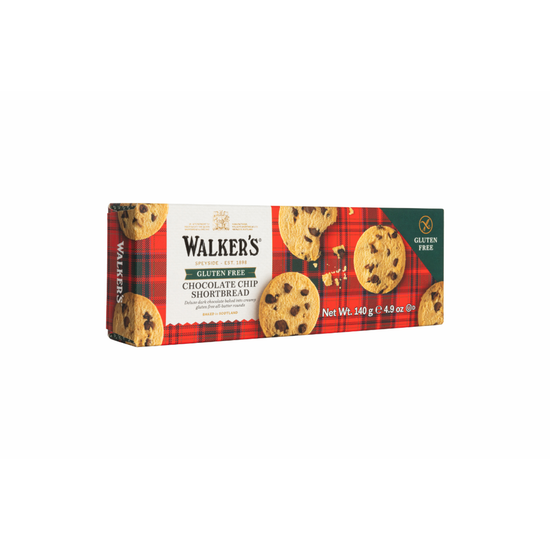 Box of Walker's Gluten Free Chocolate Chip Shortbread on a white background