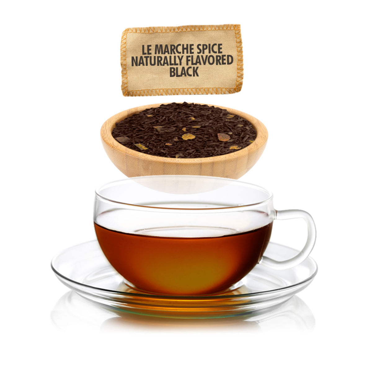 Clear glass cup of black tea with a wooden bowl of tea leaves and a label above on a white background
