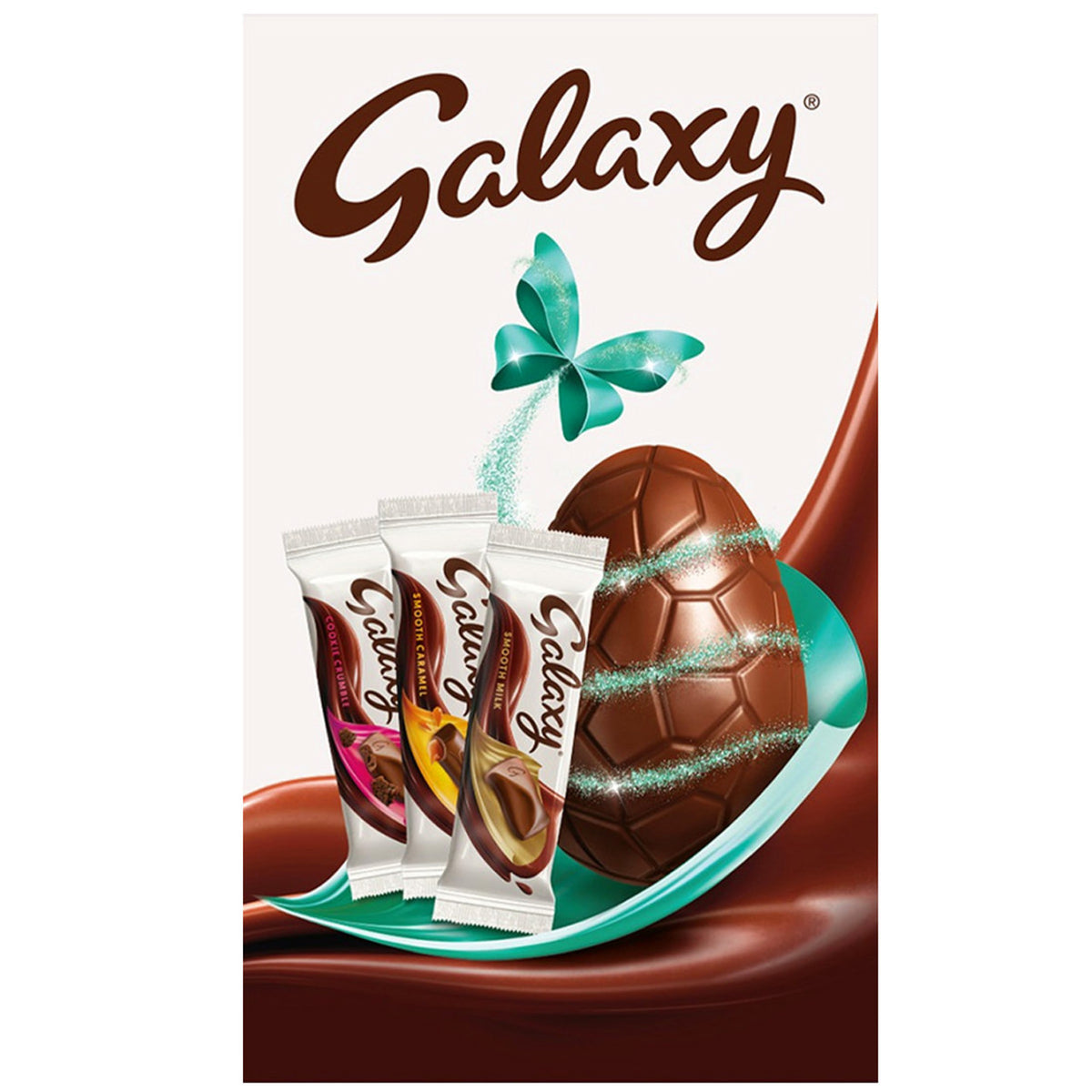 Galaxy chocolate Easter egg and bars on a white background