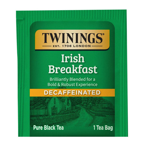 Twinings Irish Breakfast Decaffeinated tea bag green packaging on a white background