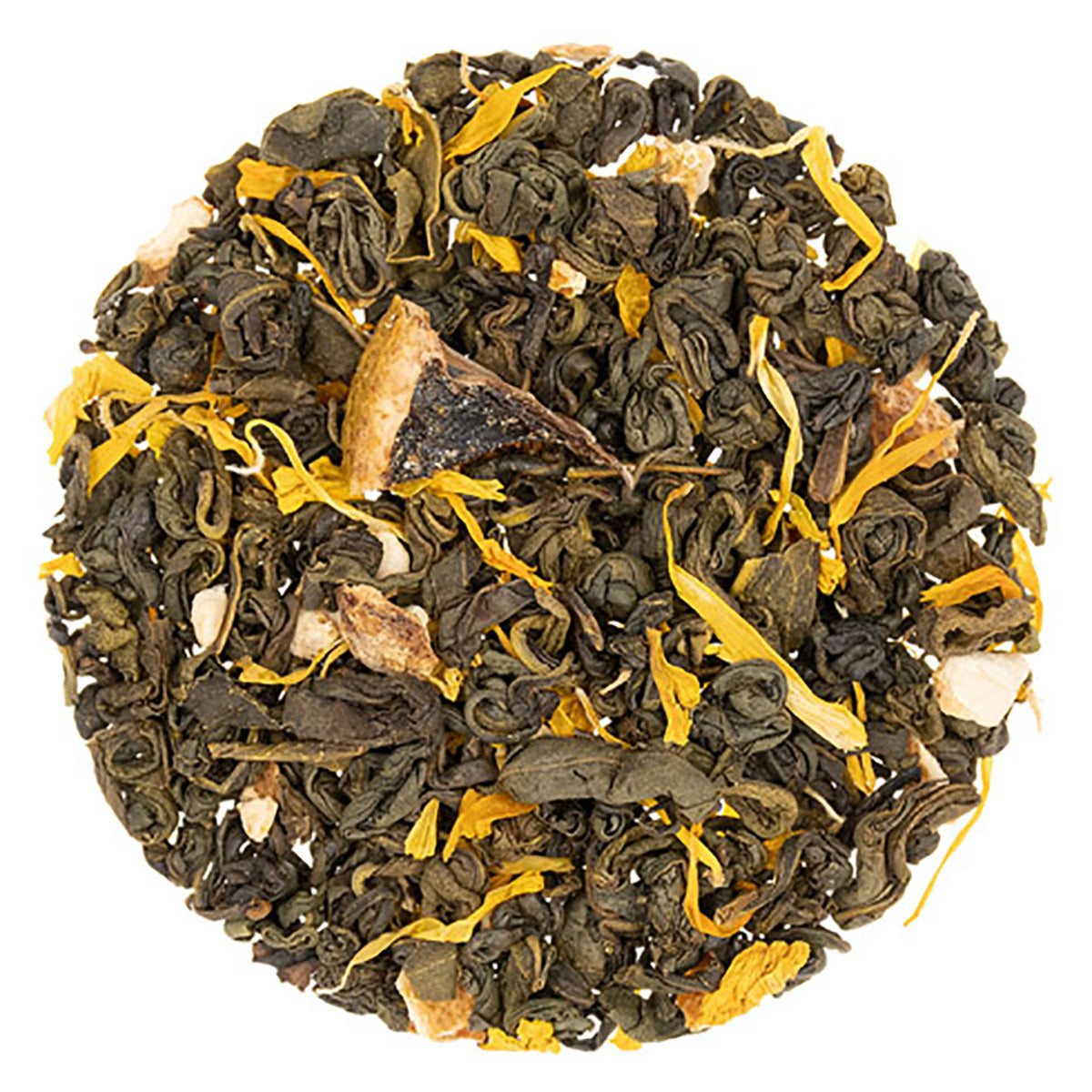 Tea leaves with orange peel and other elements on a white background