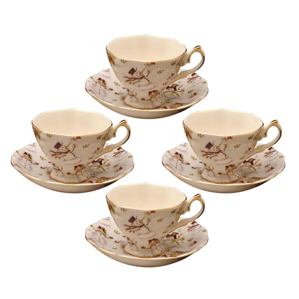 Set of four porcelain tea cups and saucers with floral patterns on a white background
