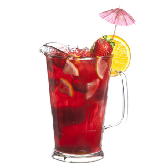 Pitcher of red iced tea with strawberries and lemon slices on a white background