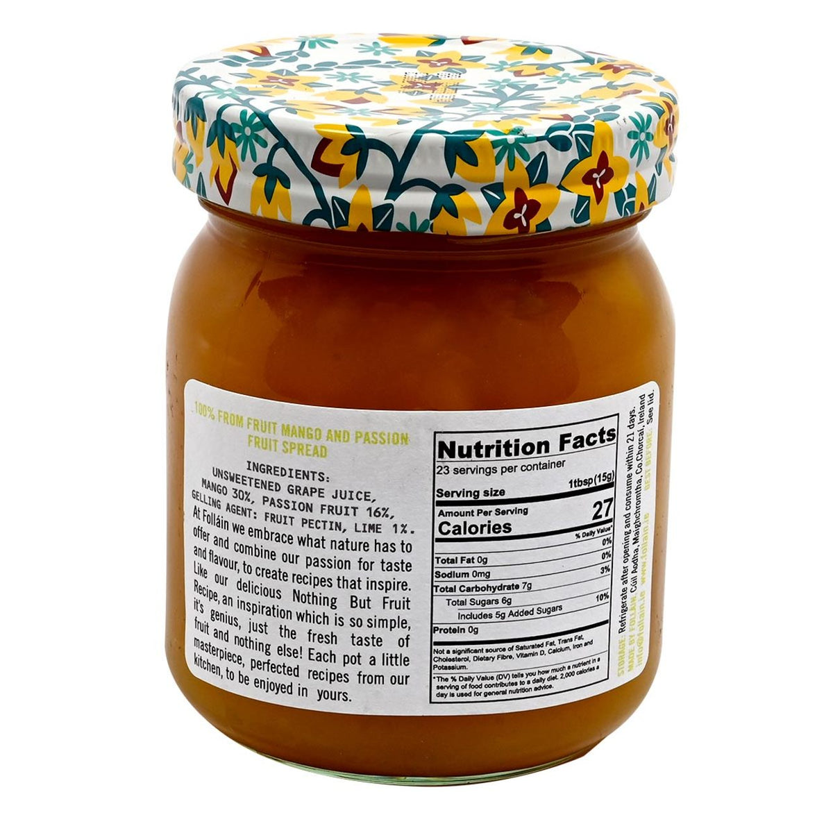 Jar of Folláin mango and passion fruit spread with a decorative lid on a white background with nutrition facts.