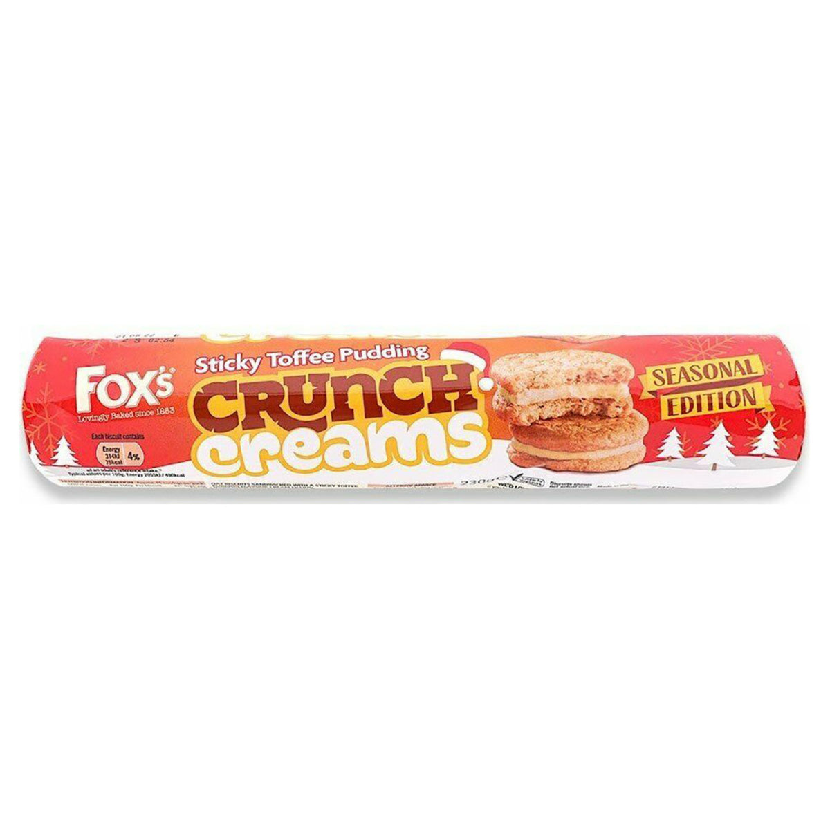 Packaging of Fox's Sticky Toffee Pudding Crunch Creams on a white background