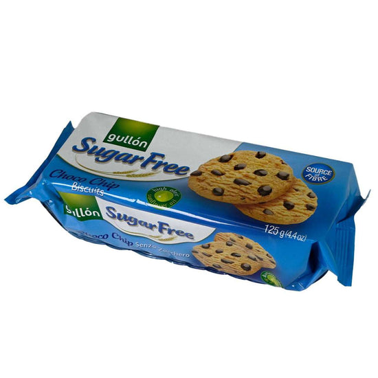 Blue package of Gullon Sufar Free Choco Chip Biscuits on a white background