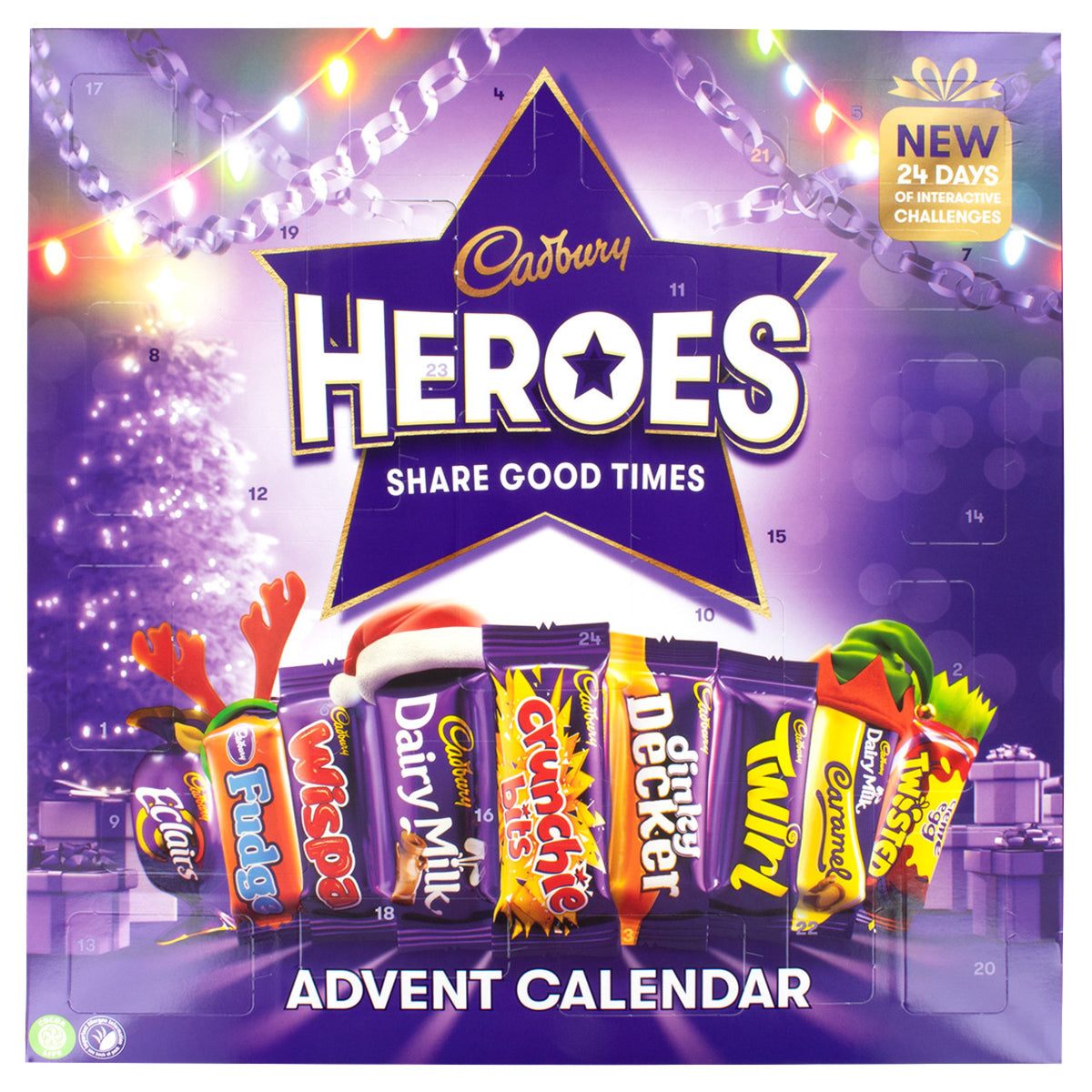 Cadbury Heroes Advent Calendar packaging with colorful candy bars and festive design.