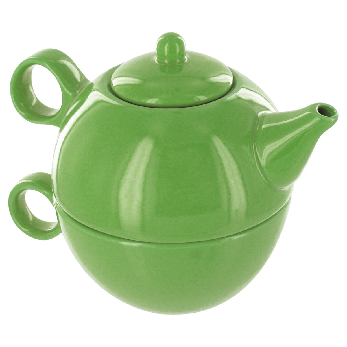 Green ceramic teapot stacked on a matching tea mug on a white background