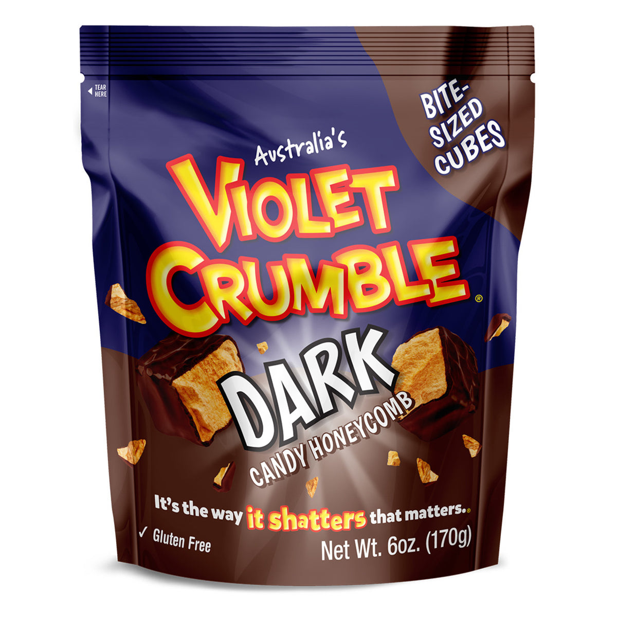 Packaging of Violet Crumble Dark Candy Honeycomb with blue and brown design.