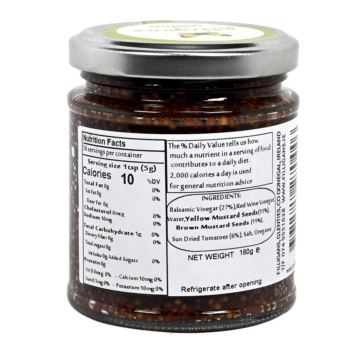 Back of a jar of Filligan's sundried tomato and balsamic mustard on a white background with label displaying nutrition and ingredients