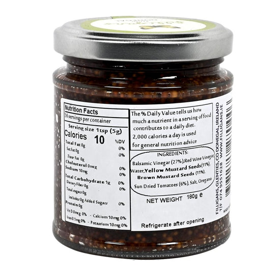 Back of a jar of Filligan's sundried tomato and balsamic mustard on a white background with label displaying nutrition and ingredients