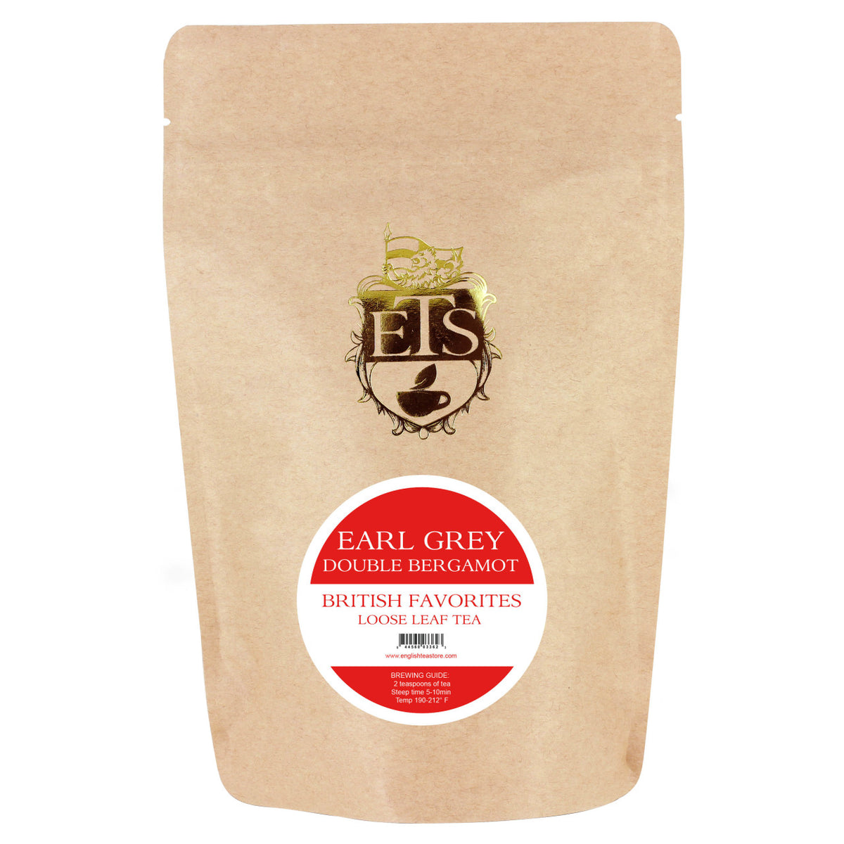 Kraft paper tea bag with a red label with "Earl Grey Double Bergamot" call out and the ETS brand logo.