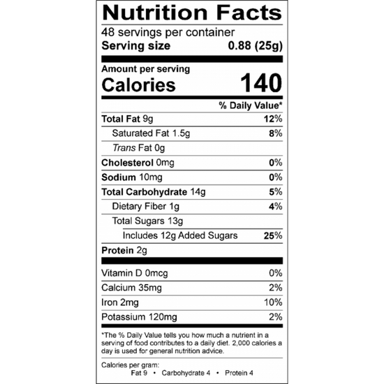Bonne Maman Mini Chocolate Hazelnut Spread nutrition facts label with black text on a white background
