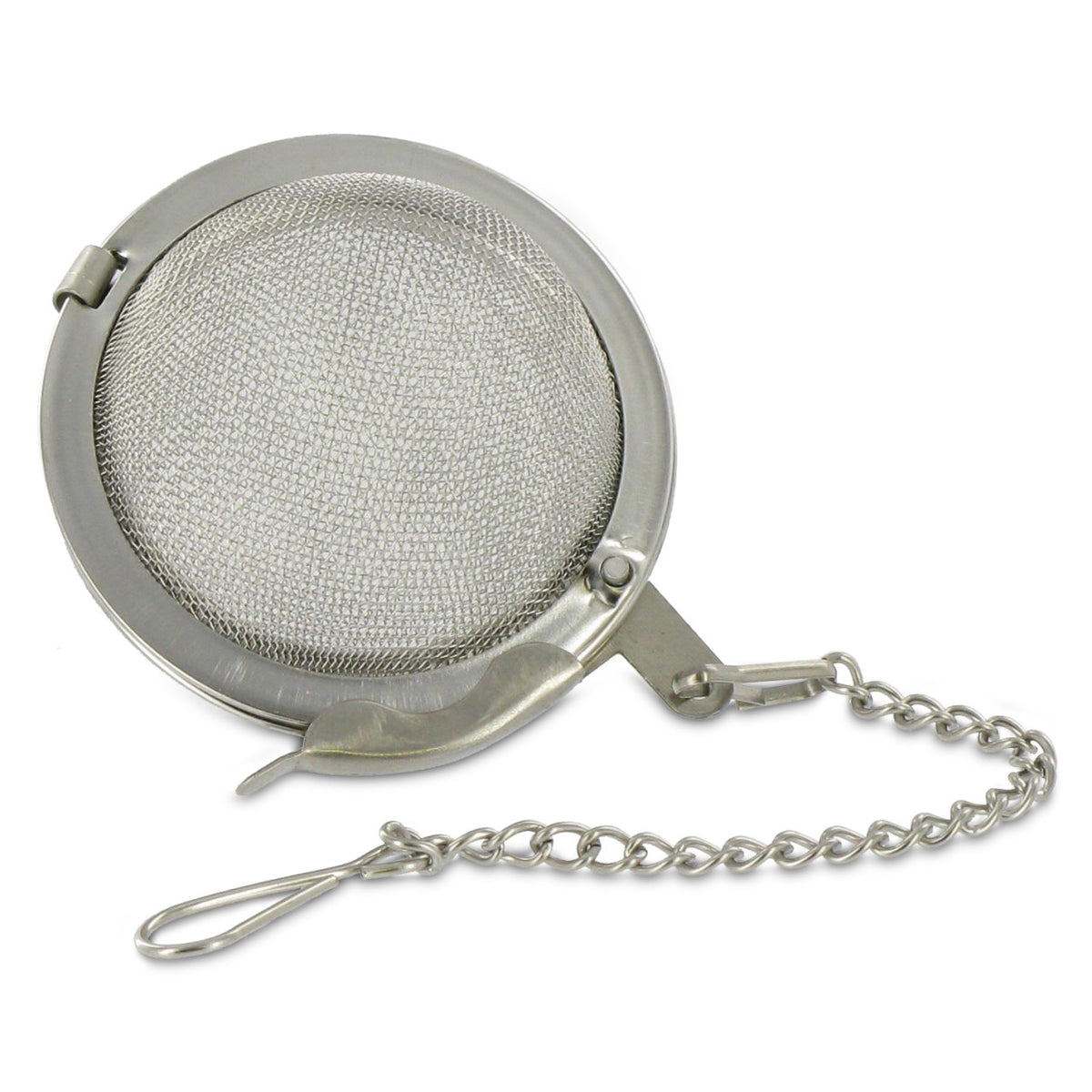 Metallic tea ball infuser with mesh design and chain on a white background