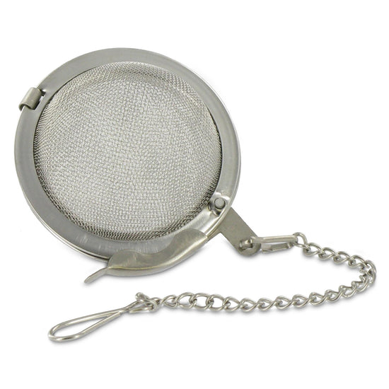 Metallic tea ball infuser with mesh design and chain on a white background