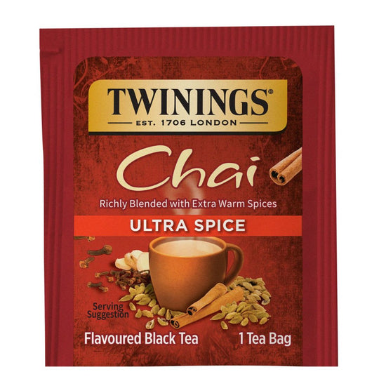 Packaging of Twinings Ultra Spice Chai Teabag with an image of a cup of tea and spices like cinnamon sticks and cardamom pods.