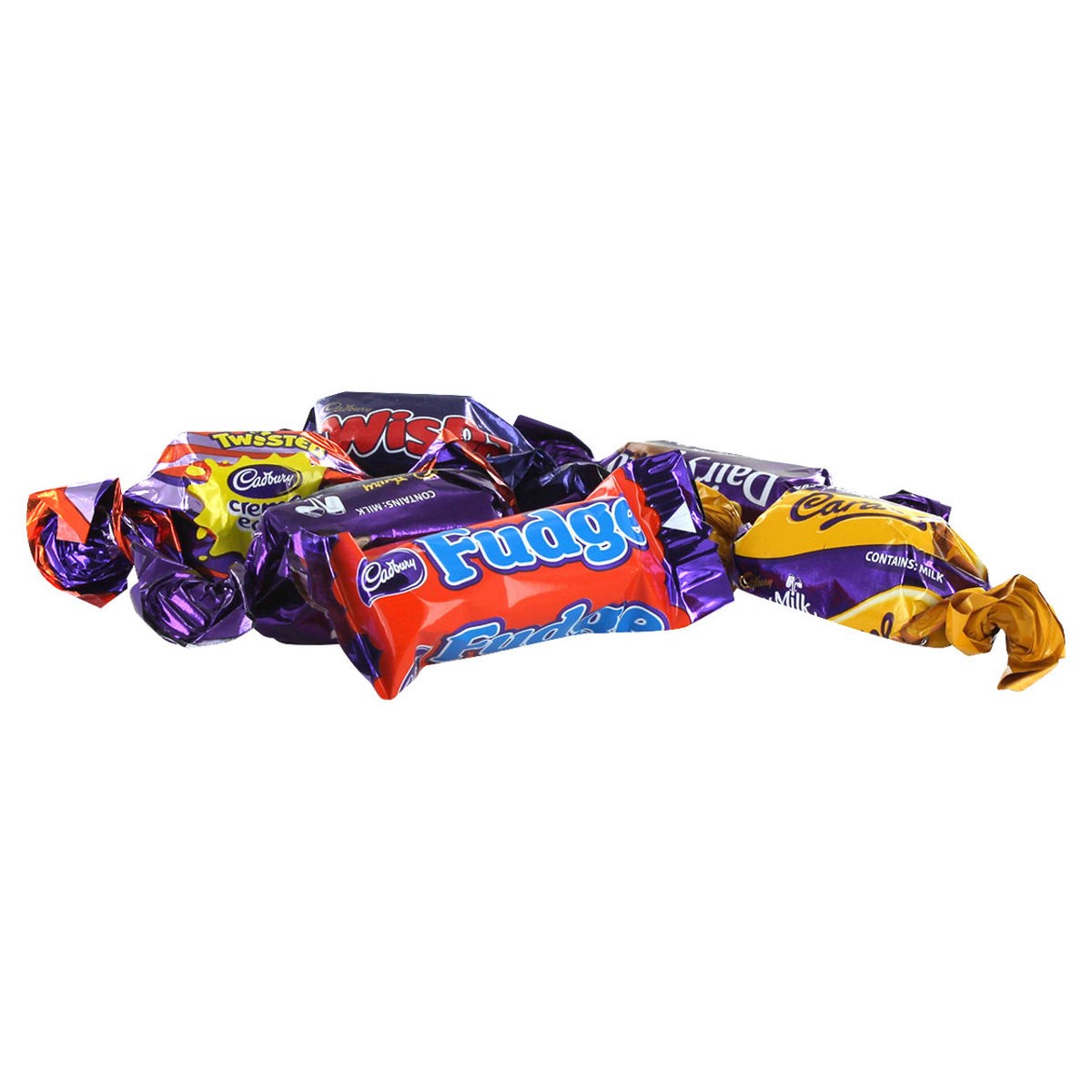 Individually wrapped Cadbury candy pieces in colorful foil wrap on a white background.