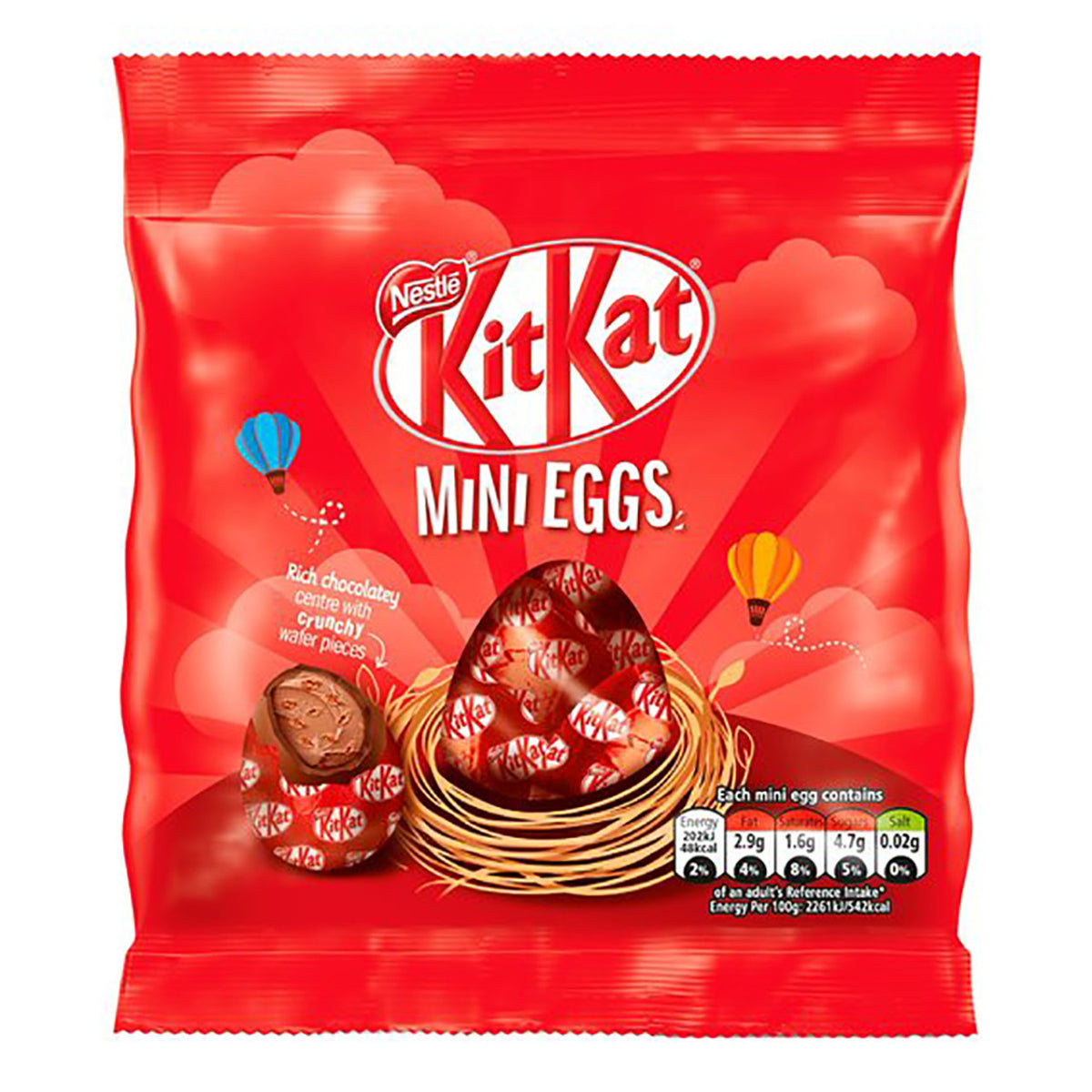 Red Kit Kat Mini Eggs packaging with illustrations of mini eggs and a basket.