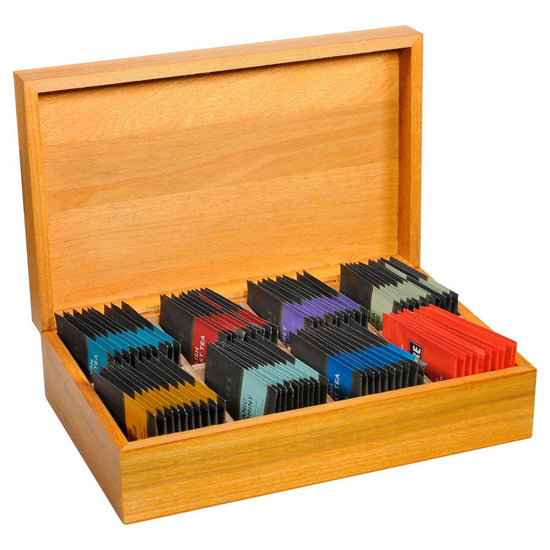 Wooden box with colorful individually wrapped Taylors teabags
