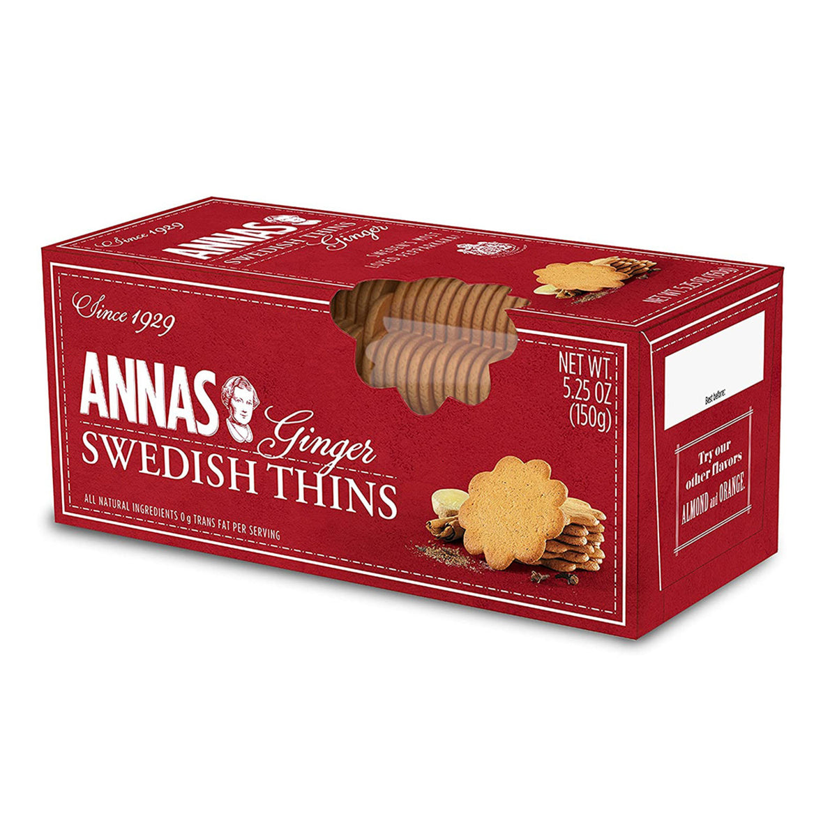 Box of Annas Swedish Thins ginger cookies on a white background