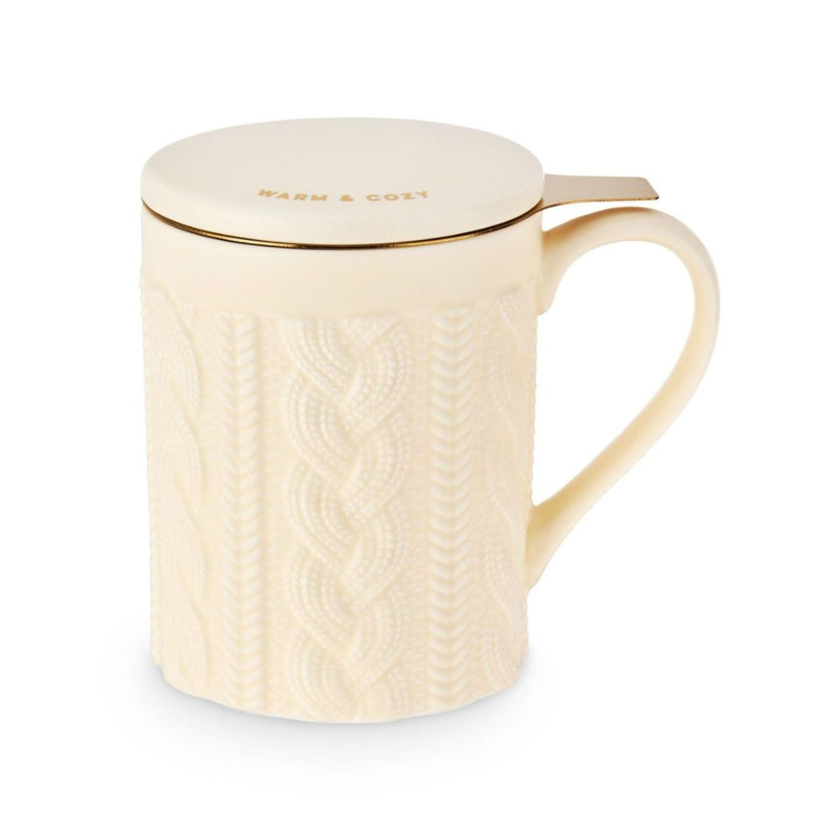 Cream-colored mug with inner tea infuser handle showing with textured pattern and matching lid on a white background
