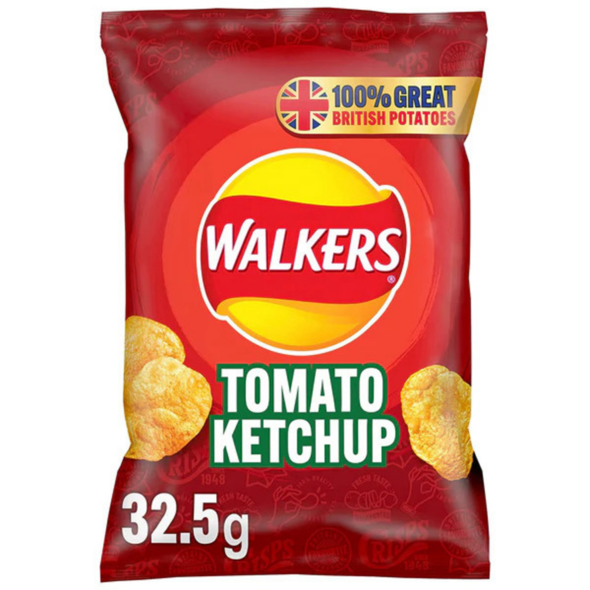 Walkers Tomato Ketchup potato chip packet on a white background