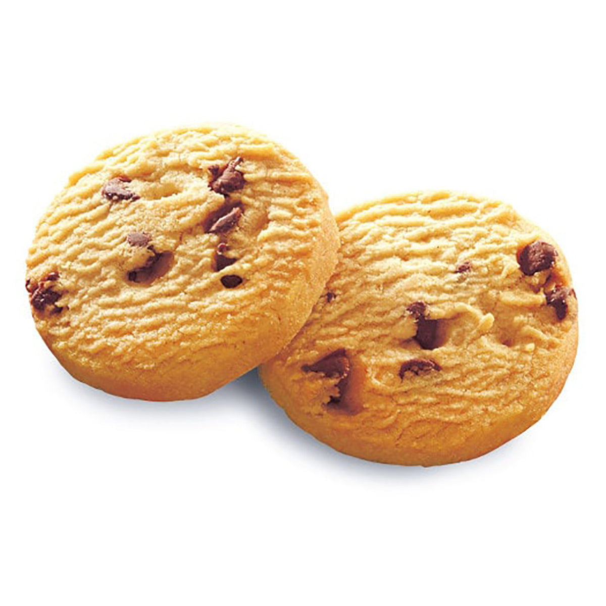 Two Walker's chocolate chip shortbread cookies on a white background