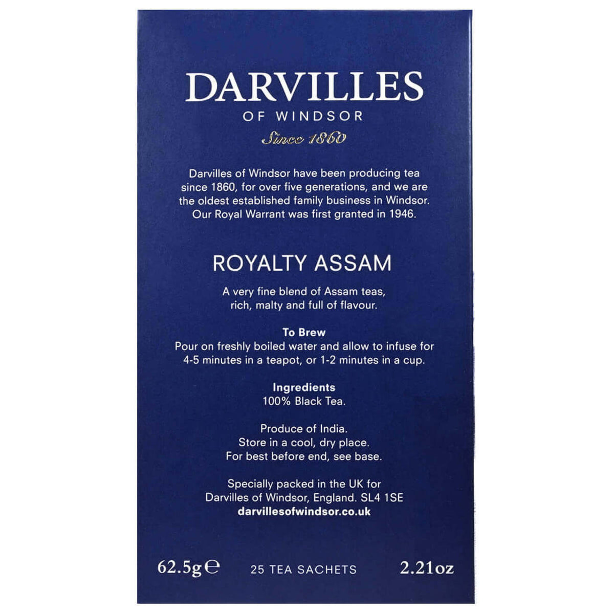 Darvilles of Windsor Royalty Assam tea packaging with text on a blue background