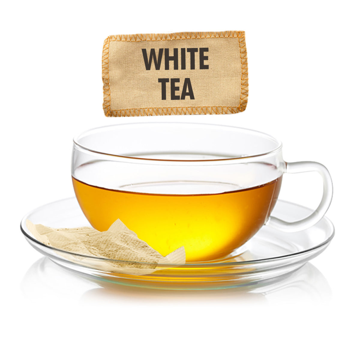 Clear glass cup with white tea on a white background