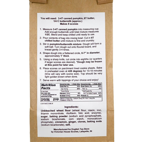 Baking mix package of pumpkin spice scone mix with recipe and nutrition label on a white background
