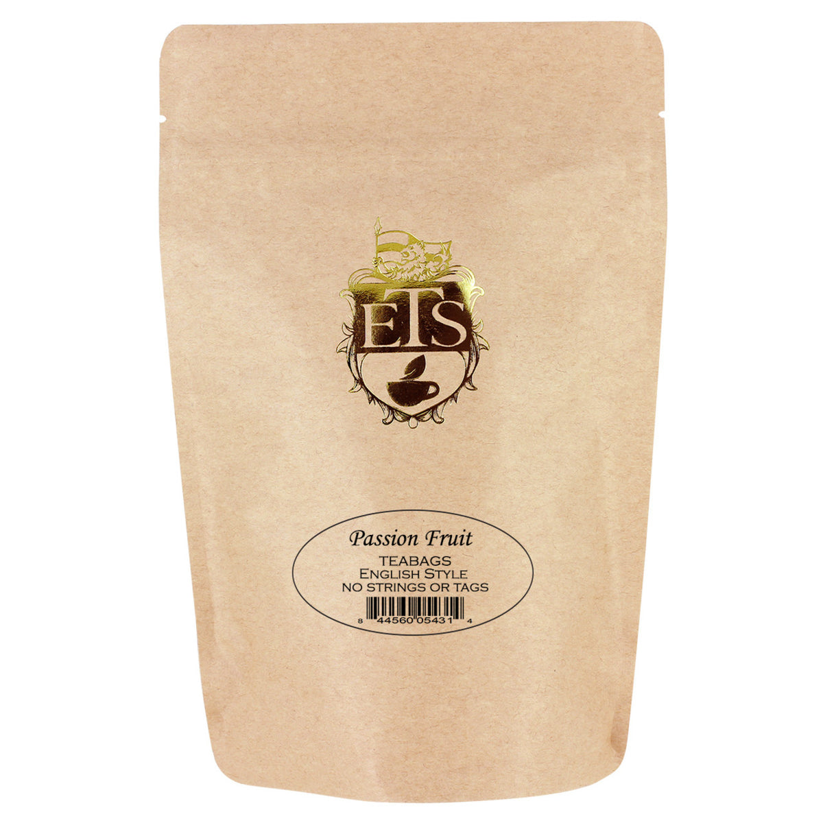 Kraft paper packaging of passion fruit teabags with the ETS logo and text oval listing the Passion Fruit flavor. Package is on a white background