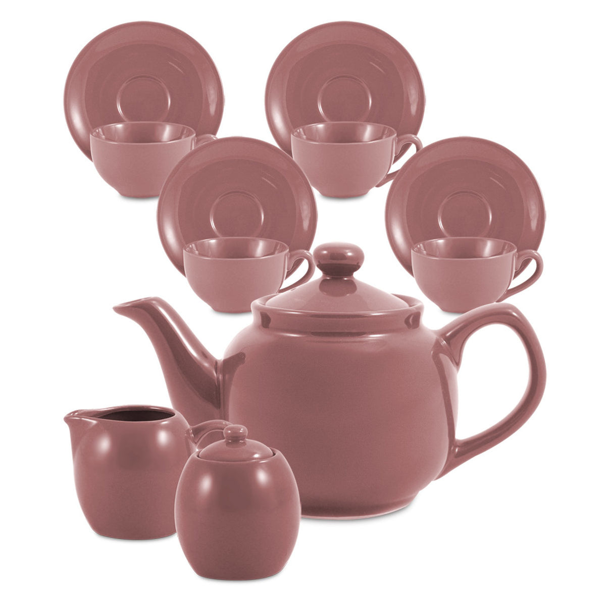 Mauve-colored set of ceramic tea set including teapot, cups, saucers, and creamer on a white background