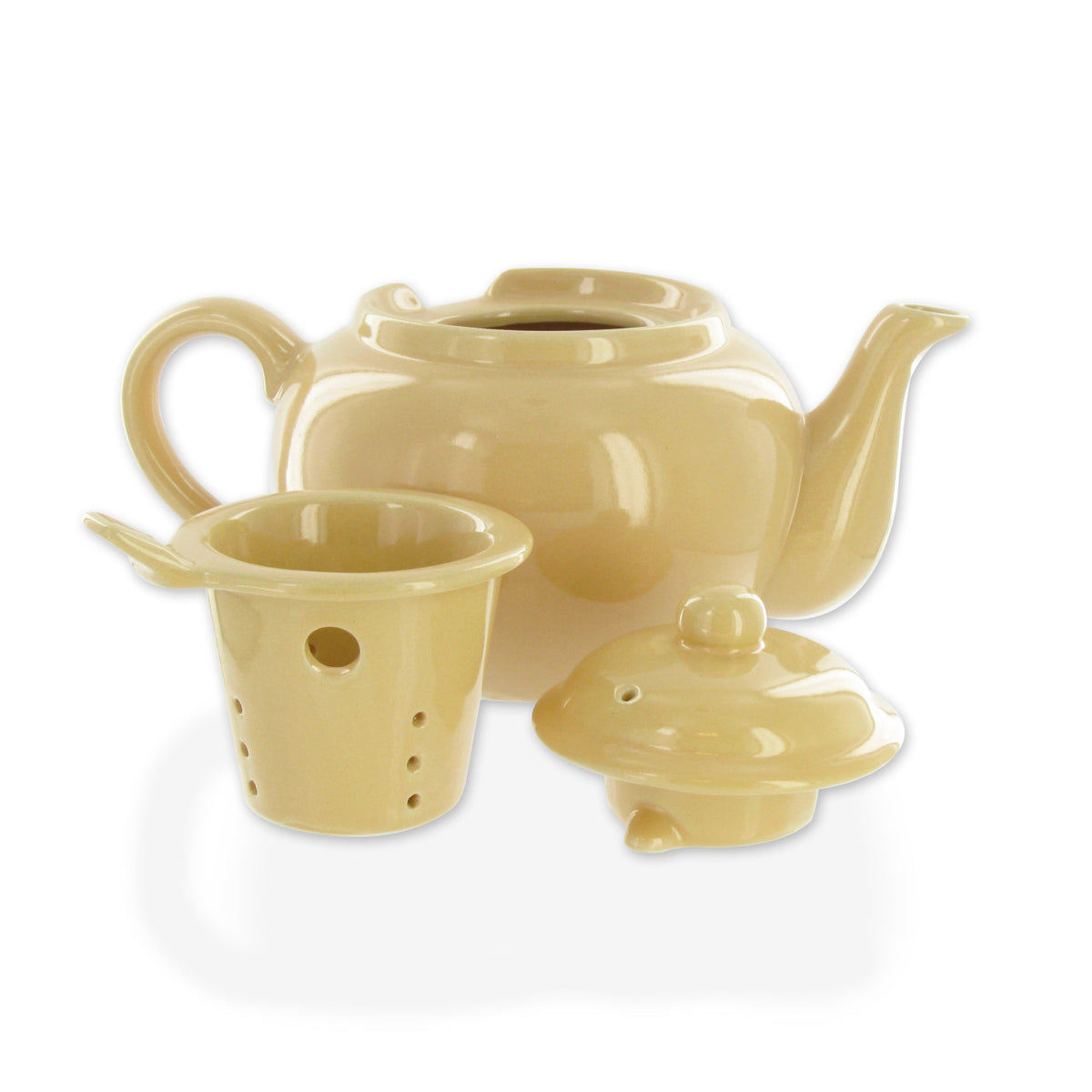 Set of Amsterdam yellow teapot, lid, and strainer on a white background