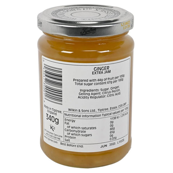 Jar of Wilkin & Sons Ltd Tiptree Ginger Conserve with nutritional label on a white background