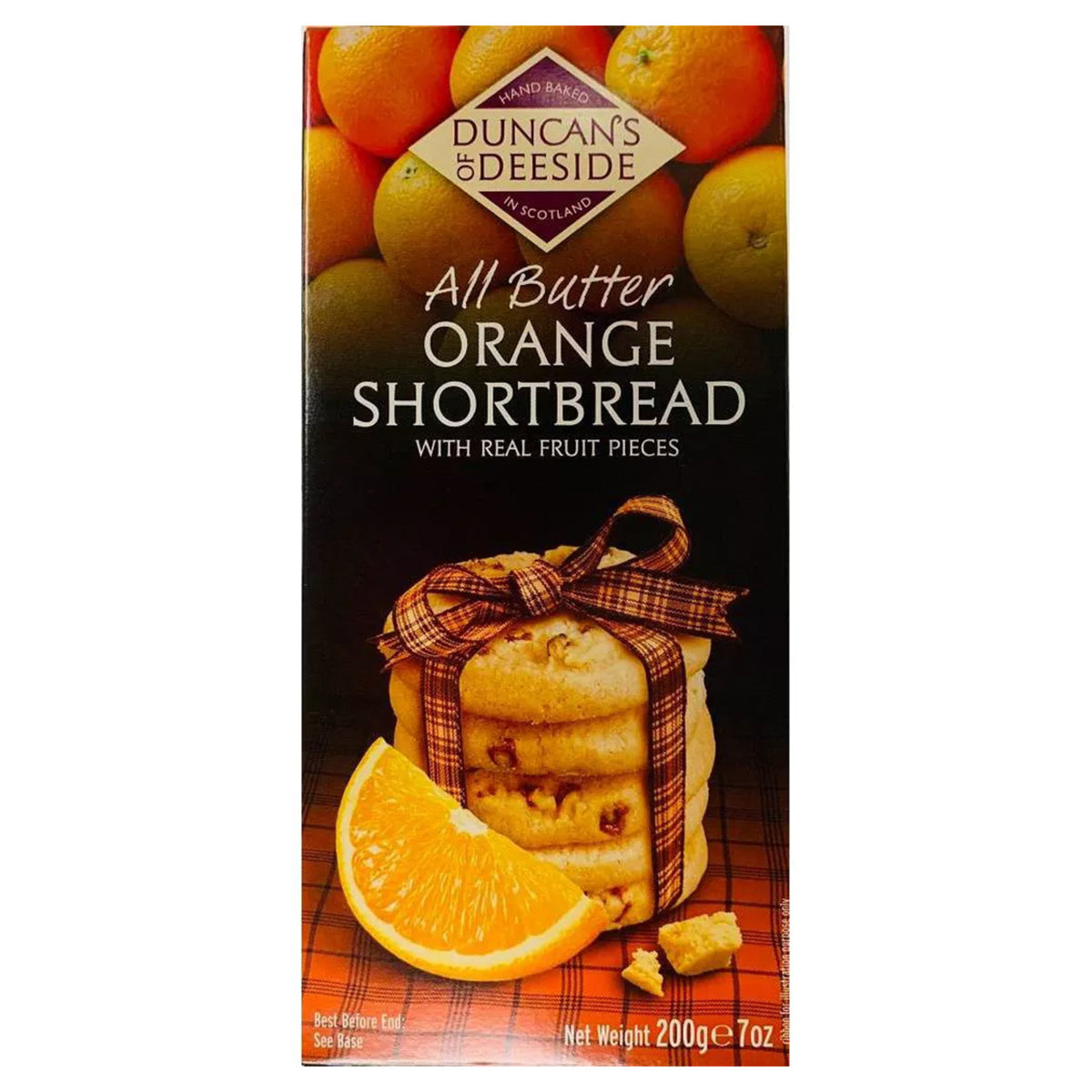 Duncan's Deeside All Butter Orange Shortbread packaging with oranges and a plaid ribbon.