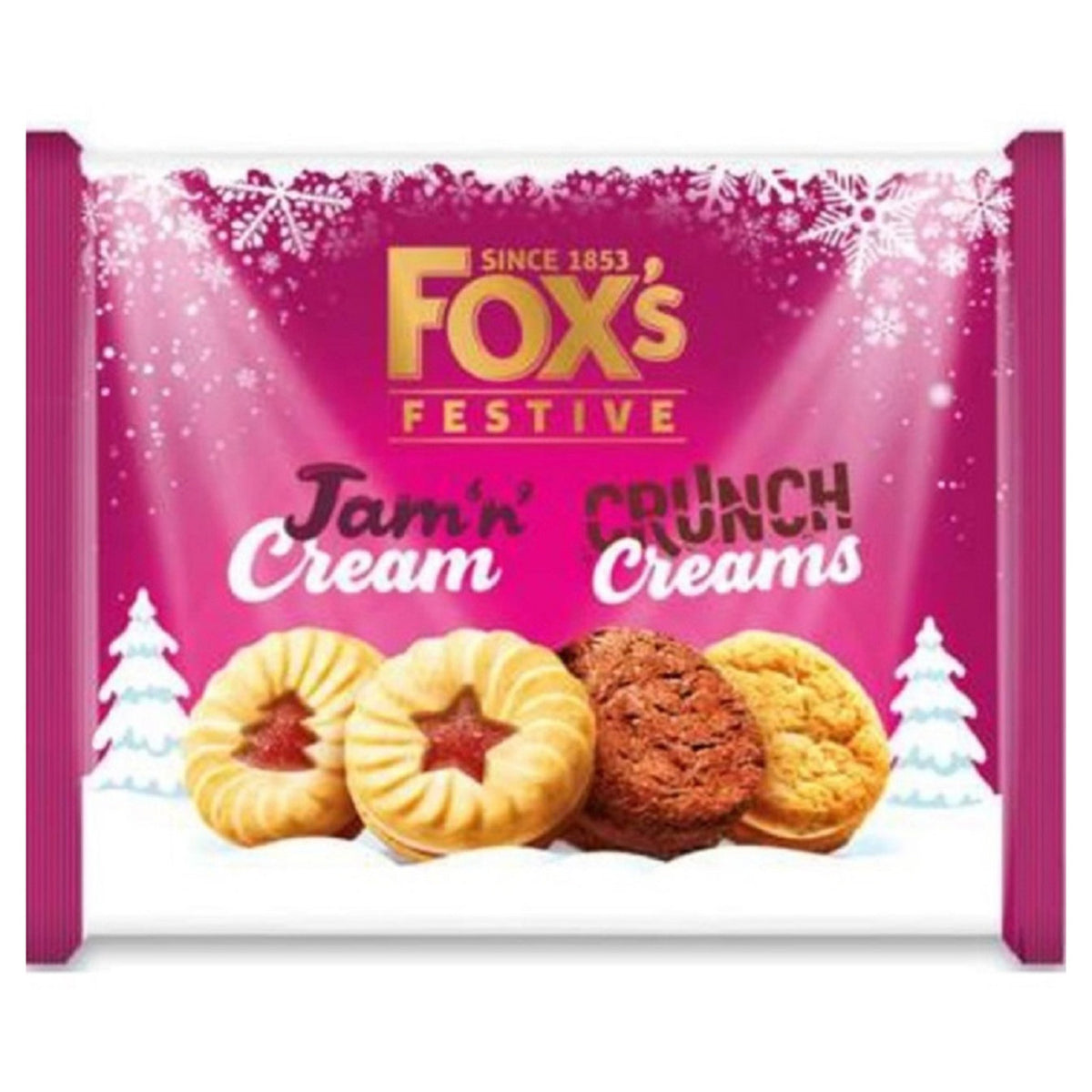 Fox's Festive Jam 'n' Cream and Crunch Creams packaging with cookies on a pink background