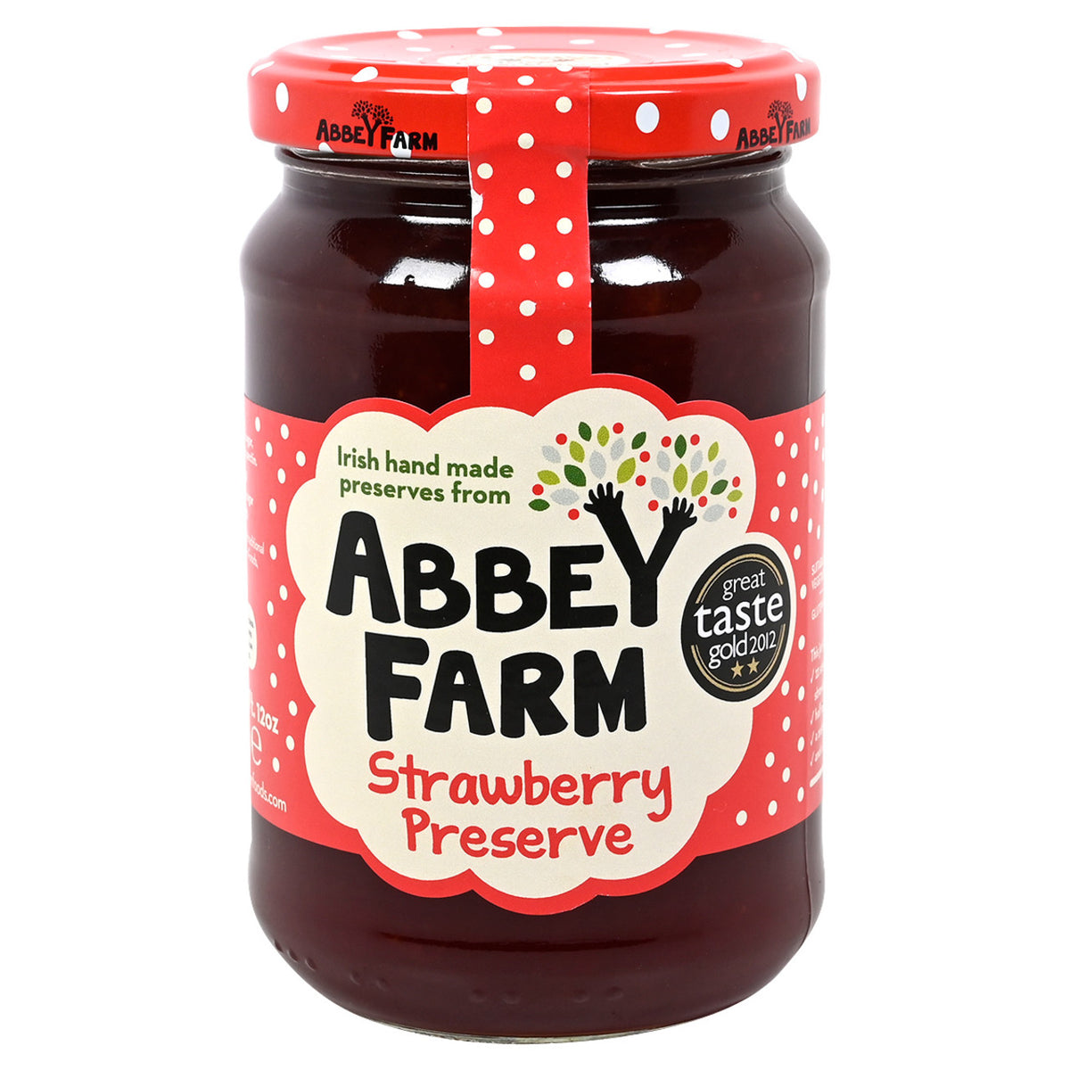Jar of Abbey Farm Strawberry Preserve with a red lid on a white background
