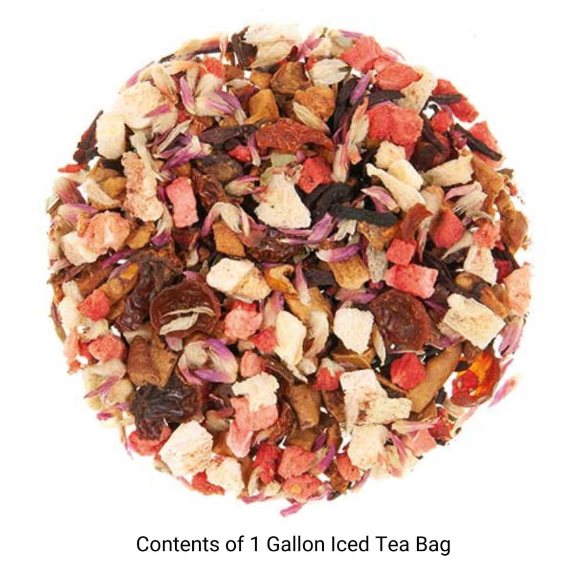 Circular pattern of dried tea leaves and fruit pieces with text on a white background featuring text for One Gallon iced tea bag