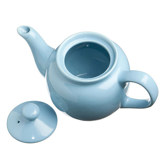 Light blue ceramic teapot with lid on a white background