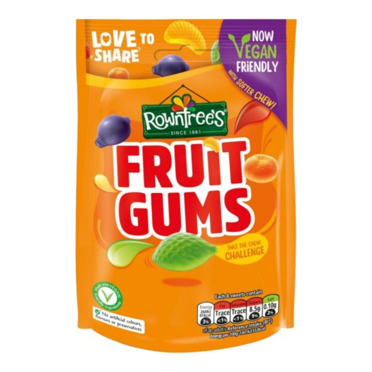 Packaging of Rowntree's Fruit Gums with orange background and colorful text.