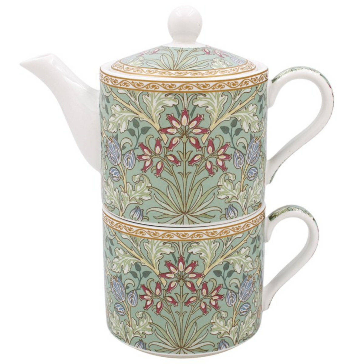 William Morris 'Hyacinth' Tea for One set with floral pattern and light green backing with the set on a white background.