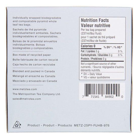 Side view of a box of Metz tea featuring nutrition facts