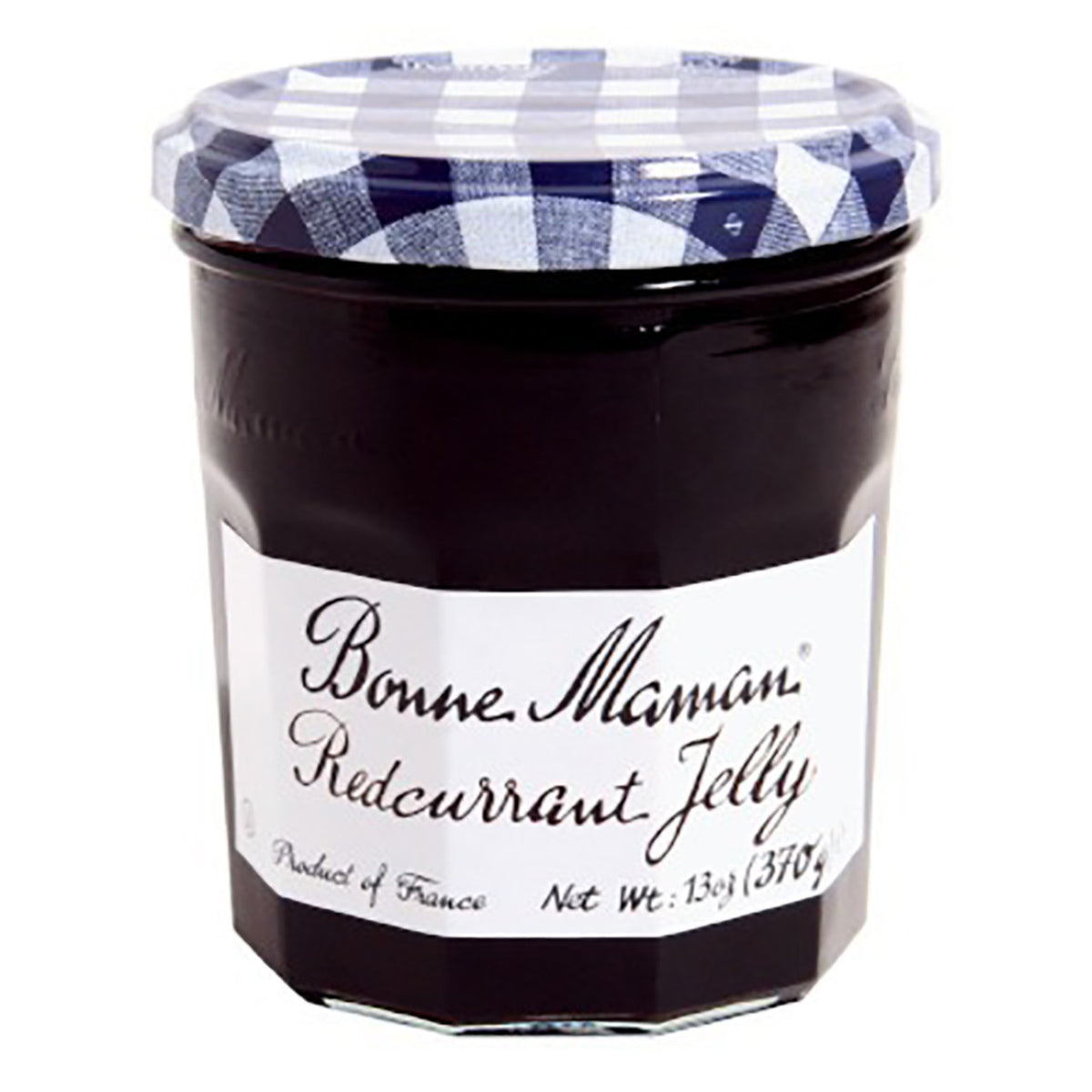 Jar of Bonne Maman Redcurrant Jelly with a checkered lid on a white background