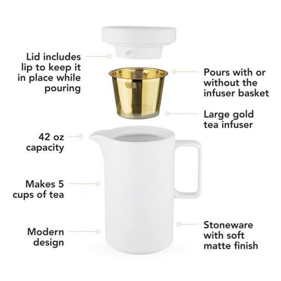 White pitcher with gold tea infuser and features listed on a white background