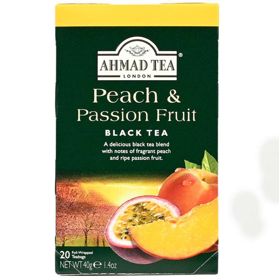 Ahmad Tea Peach & Passion Fruit black tea packaging on a white background