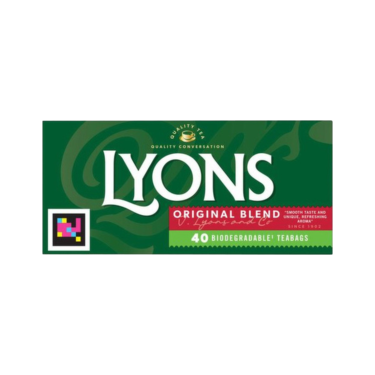 Lyons tea packaging with green background and white text